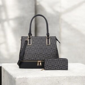 Elegant Black Patterned Satchel and Wallet Set